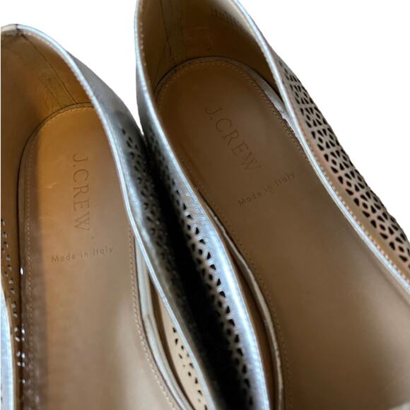 J Crew 9.5 Silver Metallic Lasercut Italian LEATHER Ballet Flats Slip On Loafers - Picture 10 of 10